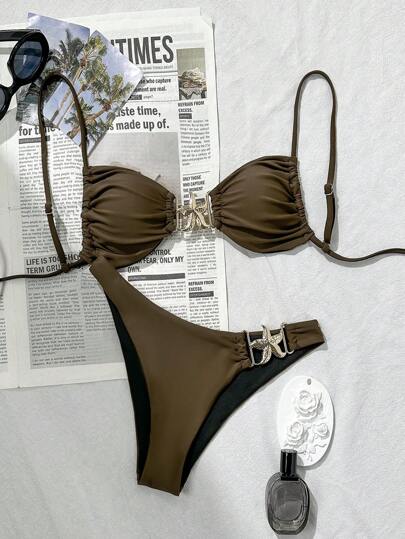 Swim Mod 性感度假星形装饰细肩带文胸和常规三角泳裤女士比基尼套装，夏季