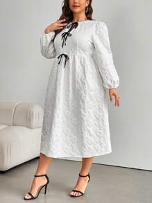 SHEIN Privé Plus Size Women's 3D Floral White Bowknot Contrast Tie A-Line Dress, Suitable For Dates And Weddings - White - View 5