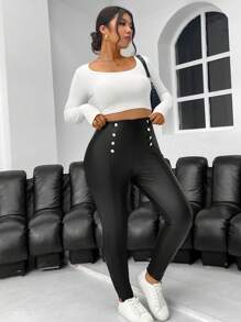 SHEIN Privé Plus Size Women's Black Elegant Chic Sexy Casual Outdoor Street Style Party Versatile Black PU Thermal Lined Metal Button Decor Slit Leggings For Autumn/Winter - Black - View 4