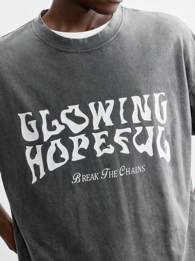 SHEIN Maija Men's 2025 Spring & Summer New Casual Letter Print Short Sleeve T-Shirt, Washed Treatment, Loose Fit, Versatile, Young Fashionable Streetwear, Suitable For New Year Party, Holiday, Commute, All Seasons