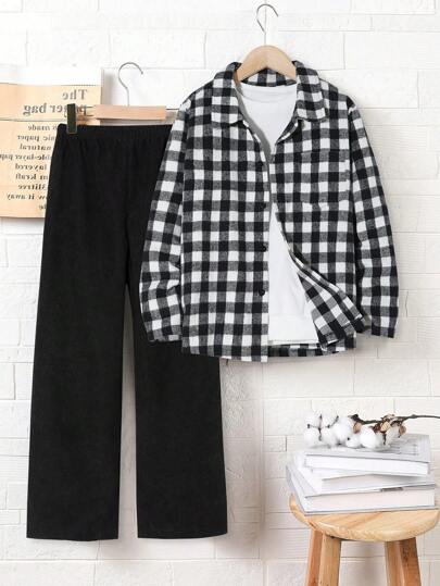 SHEIN 2 件男童休闲格子长袖衬衫和黑色灯芯绒长裤套装，适合派对和节日