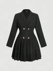 SHEIN MOD 大码复古翻领褶皱短袖双排扣金属纽扣迷你连衣裙