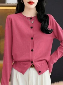 SHEIN LUNE Women's Casual Loose Solid Color Single Breasted Cardigan, Long Sleeve, Autumn/Winter - Hot Pink - View 5