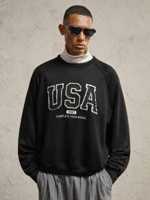 AKNOTIC Business Casual 男士字母印花拼色宽松落肩圆领休闲长袖套头衫，秋冬外出黑色刺绣字母饶舌歌手返校拼色运动衫，适合朋友、丈夫、男朋友的礼物