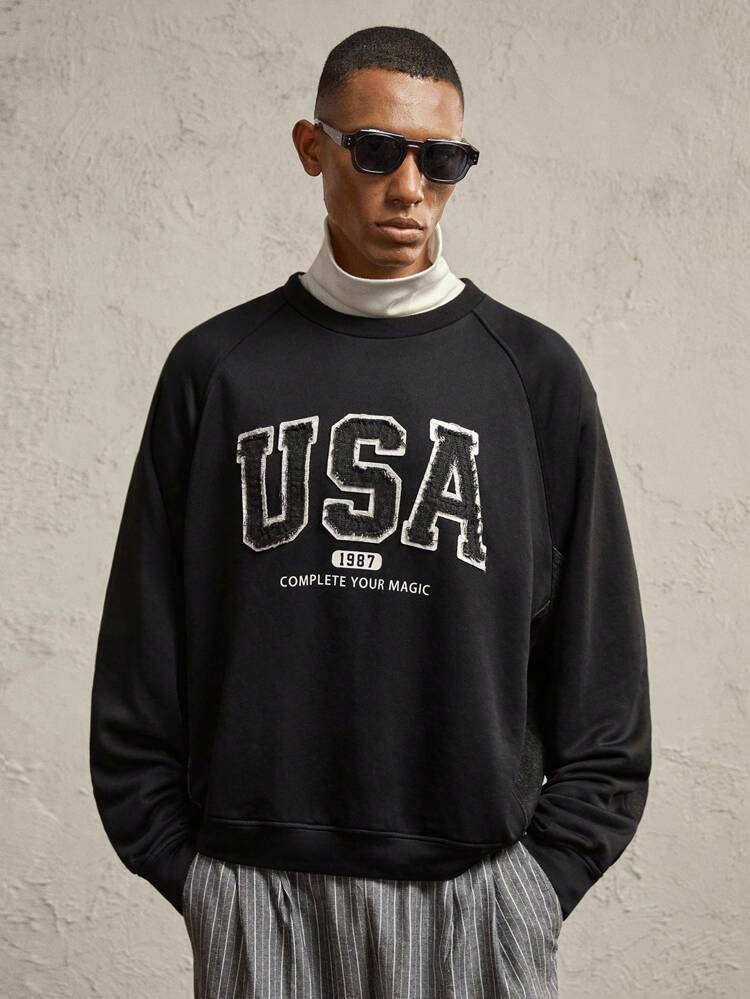 Men's Letter Print Color Block Loose Drop Shoulder Crew Neck Casual Long Sleeve Pullover Sweatshirt, Autumn/Winter Going Out Black Embroidered Letter Rapper Back To School Color Block Sweatshirt, For Friends, Husband, Boyfriend Gifts