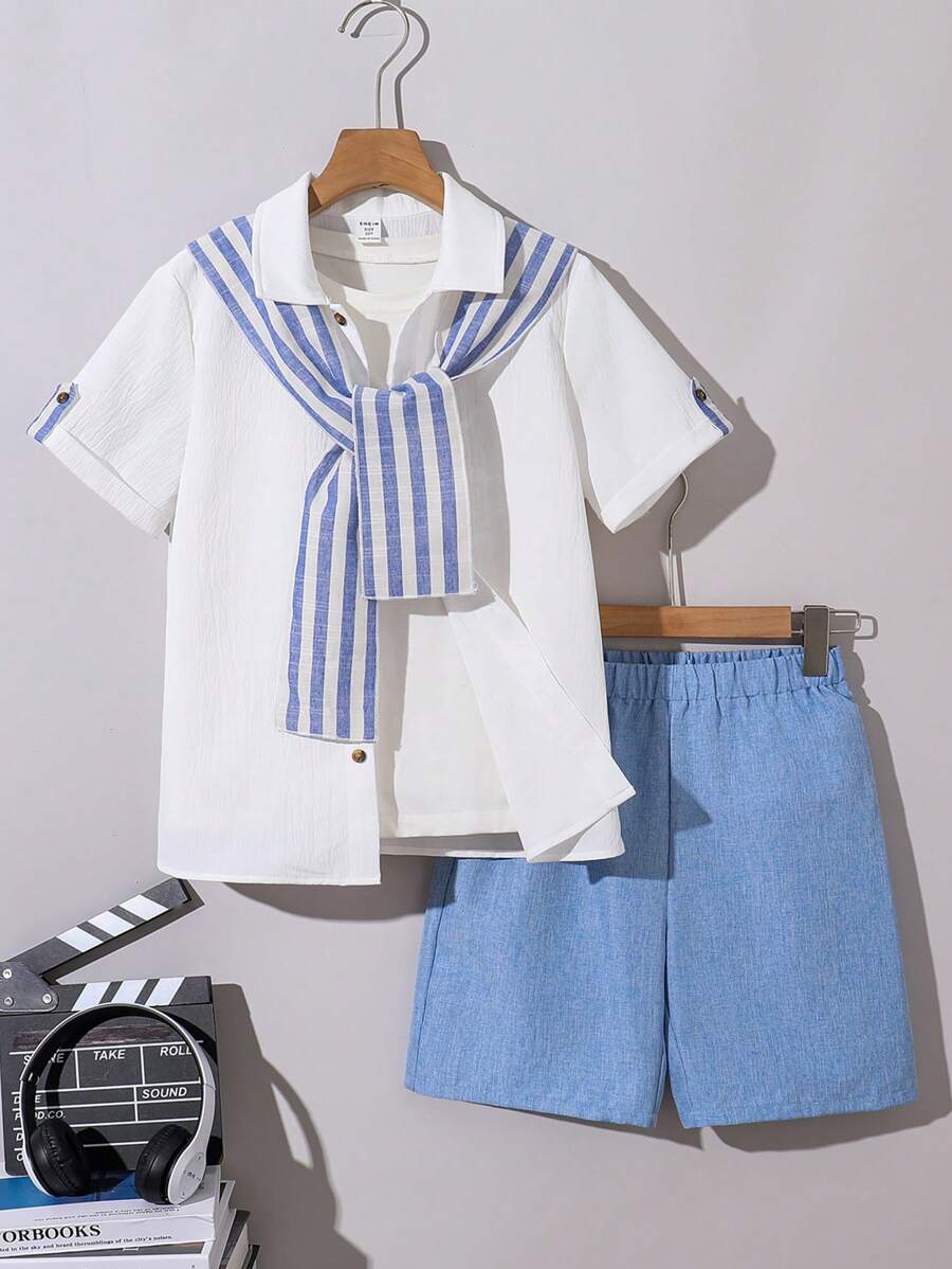SHEIN 3pcs/Set Tween Boy Casual Striped Cape Shirt & Shorts Set - White - View 1