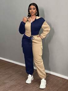 Slaydiva Women's Autumn Contrast Color Zipper Front Hooded Sweatshirt And Pants Casual 2 Pieces Set