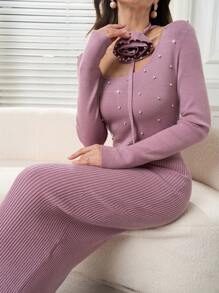 Modelyn Women Rhinestone Decorated Round Neck Long Sleeve Casual Sweater Dress - Pink - View 3
