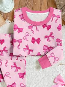 SHEIN Leap Crew 年轻女孩柔软舒适蝴蝶设计贴身休闲厚长袖上衣和裤子睡衣套装，适合秋冬季