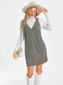 SHEIN LUNE Women Casual Street Chic Airport Style Green Corduroy Suspender Dress, Winter - Green - View 1