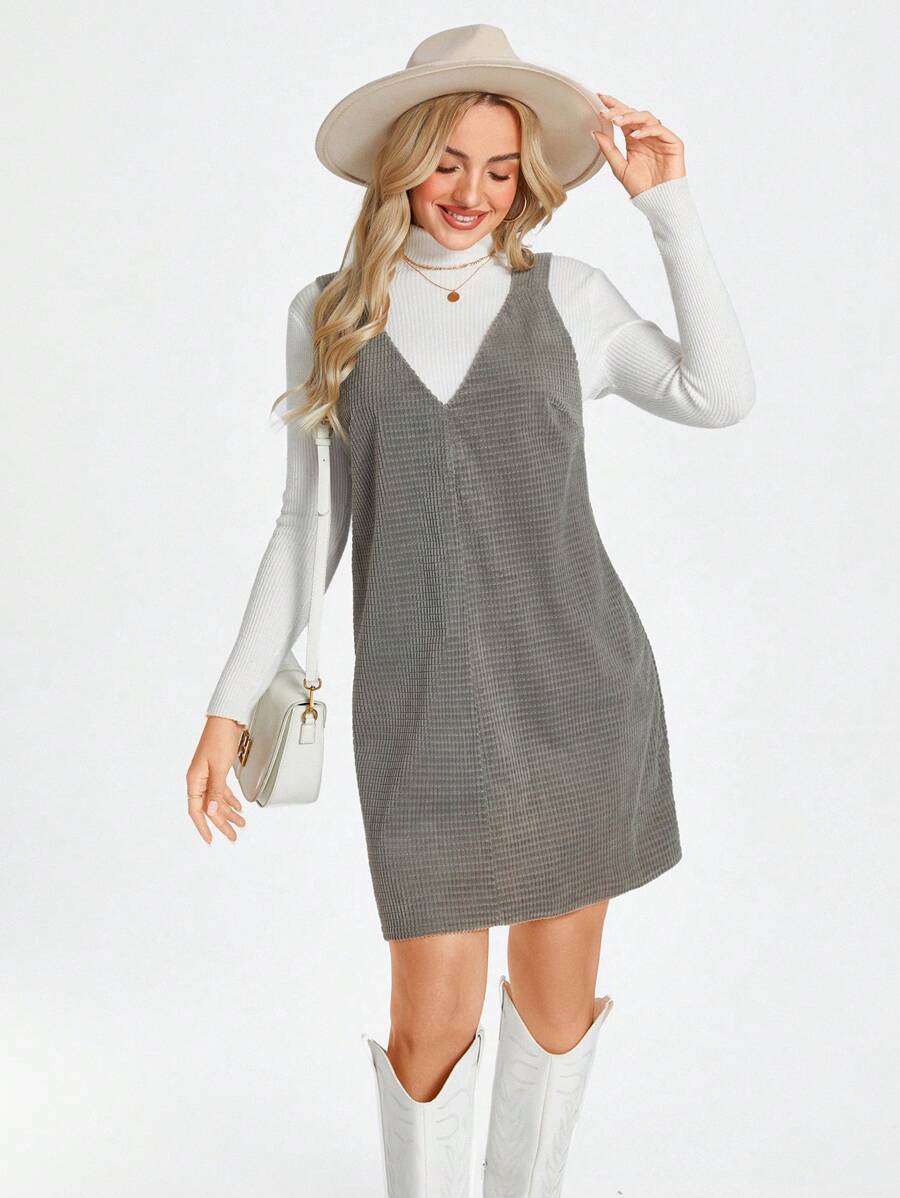 SHEIN LUNE Women Casual Street Chic Airport Style Green Corduroy Suspender Dress, Winter - Green - View 1