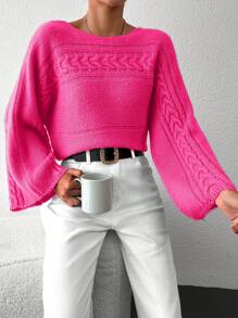 EURMUSE Women Simple Solid Color Long Sleeve Casual Sweater - Pink - View 4