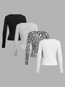 SHEIN Essnce 4pcs Square Neck Tee - Multicolor - View 2