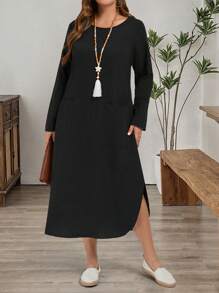 大码女式海军蓝圆领口袋宽松休闲通勤工作长裙，秋冬长款女装 - 黑色 - 查看 3