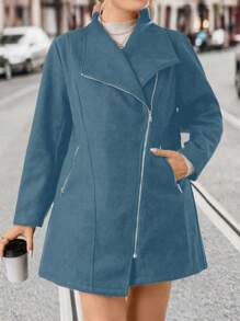 SHEIN LUNE Veste décontractée casual à manches longues avec fermeture à glissière et poches, pour un port quotidien, tailles grandes - Bleu gris - Voir 4