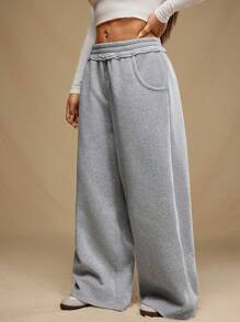Forever 21 Calça de moletom plus size, cor sólida, com elástico na cintura, bolso, simples, larga, casual, para uso diário - Cinza - Ver 3