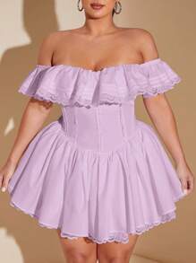 SHEIN BAE 大码褶皱蕾丝边露肩优雅褶裥连衣裙，派对礼服 - 淡紫色 - 查看 4