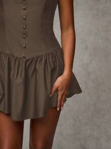 SHEIN BAE 女士纯色荷叶边下摆圆领无袖优雅迷你连衣裙，黑色返校节礼服，返校节礼服，短款礼服，黑色迷你连衣裙