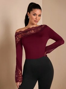 SHEIN BAE 女士秋冬纯色性感优雅不对称蕾丝撞色长喇叭袖紧身衣，适合分层搭配，温暖针织紧身衣，外向，浪漫约会，派对 - 酒紅色 - 查看 9