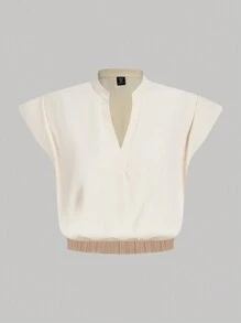 SHEIN MOD Plus Size Retro Batwing Sleeve Pleated Decor Elegant Blouse - Beige - View 1