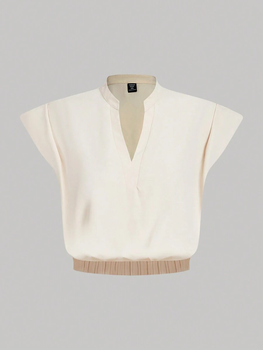 SHEIN MOD Plus Size Retro Batwing Sleeve Pleated Decor Elegant Blouse - Beige - View 1