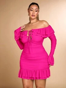 SHEIN BAE Plus Size Women's Romantic Sweet Party Date Bodycon Ruffled Ruffle Mini Ruched Dress - Hot Pink - View 6