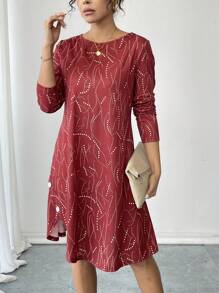 SHEIN LUNE 女士圆领长袖休闲日常连衣裙，简约时尚 - 彩色 - 查看 1