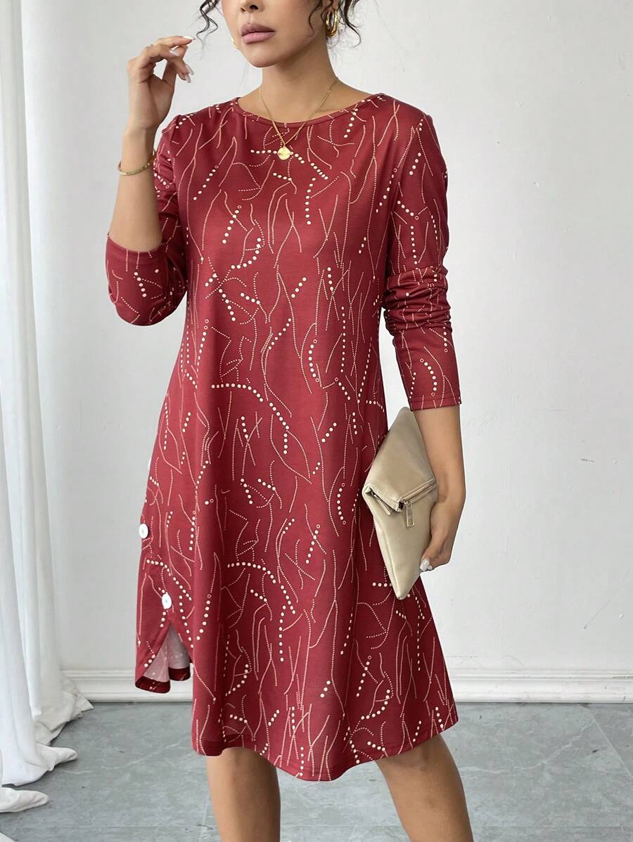 SHEIN LUNE 女士圆领长袖休闲日常连衣裙，简约时尚 - 彩色 - 查看 1