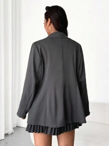 Flirla Plus Size Women 3-Piece Set: Long Sleeve Vest With Lapel Collar, V-Neck, And Pleated Skirt, Business Commuter, Dark Gray - Dark Grey - View 2