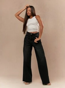MISSGUIDED Pantalones vaqueros de pierna ancha clásicos, de tiro alto, con dobladillo crudo y desgastado, de ajuste relajado para uso diario y casual, declaración de moda de otoño e invierno, estilo retro, cómodo, estética Y2K