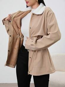 Mulvari 女式休闲双色毛领抽绳腰部羊毛风衣，秋冬 - 咖啡棕 - 查看 3