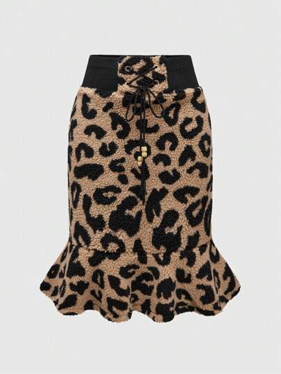 Fairycore Jupe queue de poisson en peluche épaissie à imprimé léopard pour l'automne/hiver