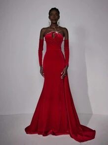 Elitara Gaun Elegan Lengan Panjang Tanpa Bahu, Gaun Malam Ekor Ikan Asimetris Rantai Rhinestone Mewah untuk Prom, Tamu Pernikahan & Jamuan Formal - Merah - View 5
