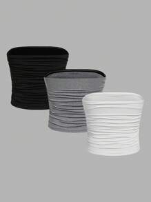 SHEIN Girlism 3 件套 Tween 女童简约舒适褶皱无肩带防滑抹胸文胸套装 - 彩色 - 查看 2