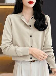 EMERY ROSE 1pc Button Front Long Sleeve Casual Solid Top, Daily Wear Fall Winter Cloth For Women - Apricot - View 6