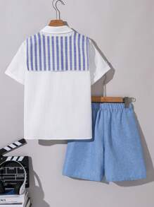 SHEIN Conjunto de 3 piezas con camisa tipo capa a rayas y shorts casual para niño preadolescente