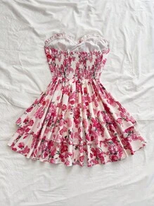 Soleia Vacation Romantic Pink Rose Print Strapless Ruffle Hem Dress - Pink - View 2