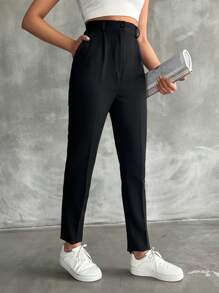 SHEIN Tall Cottnline High Waist Pleated Suit Trousers - Black - View 3