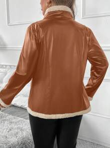 SHEIN Clasi 大码女式冬季保暖内衬皮夹克 - 棕色 - 查看 2