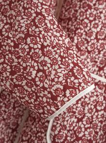 大码女式花卉印花落肩长袖口袋宽松冬季夹克 - 紅色 - 查看 5