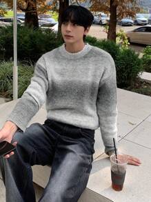 DAZY 男士渐变色圆领长袖休闲宽松针织毛衣，秋冬 - 淺灰色 - 查看 4