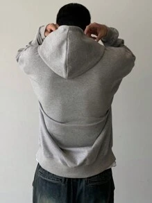 DAZY 男士秋季字母印花落肩长袖前拉链连帽运动衫，休闲 - 灰色 - 查看 2