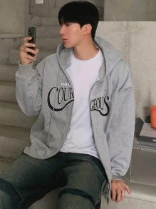DAZY 男士秋季字母印花落肩长袖前拉链连帽运动衫，休闲 - 灰色 - 查看 5
