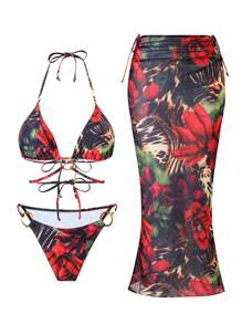 Swim SXY 3 件套女士性感花卉印花比基尼上衣带吊带和圆环装饰 + 迷你裙，夏季