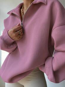 INAWLY Women's Solid Color Drop Shoulder Long Sleeve Half Placket Zipper Casual Sweatshirt, Autumn/Winter , Graduation, Teachers For Women, Back To School Pullover Fall - Watermelon Pink - View 4