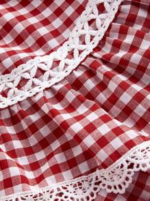 SHEIN MOD 蕾丝和蝴蝶结细节泡泡纱格子全罩杯迷你连衣裙 - 紅白色 - 查看 7