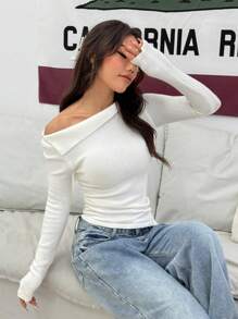 Flirla 1 قطعة كنزة صوفية نسائية بتصميم بسيط غير متماثل للكتف ضيقة الملائمة، مناسبة لتصوير الصور والمناسبات غير الرسمية والتجمعات، كنزة صوفية محبوكة للخريف والشتاء - أبيض - مشاهدة 4