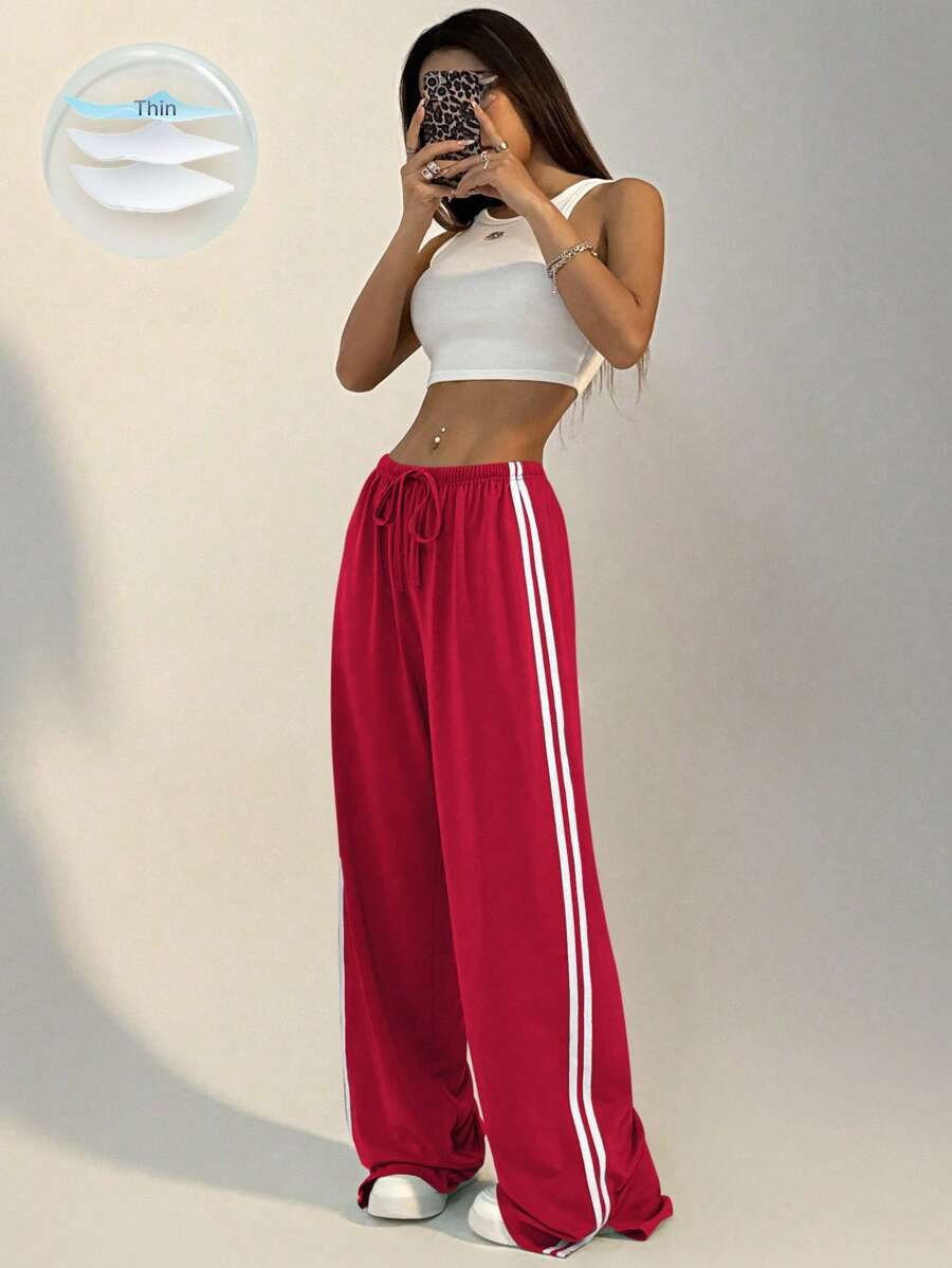 Women's Casual Striped Front Tie Sports Sweatpants, Autumn For New Year Clothes - Red - View 1