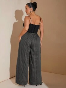 SHEIN BAE 大码秋季优雅外出性感女式蓝白条纹低腰抽绳宽松直筒阔腿裤连衣裙裤教师裤工作裤优雅女装大码工作裤女士长裤休闲裤大码大码裤子秋季穿搭大码裤子曲线裤Y2K裤子秋冬曲线阔腿裤女式办公室服装女式曲线秋季商务休闲女式工作服女式曲线