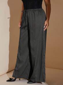 SHEIN BAE 大码秋季优雅外出性感女式蓝白条纹低腰抽绳宽松直筒阔腿裤连衣裙裤教师裤工作裤优雅女装大码工作裤女士长裤休闲裤大码大码裤子秋季穿搭大码裤子曲线裤Y2K裤子秋冬曲线阔腿裤女式办公室服装女式曲线秋季商务休闲女式工作服女式曲线